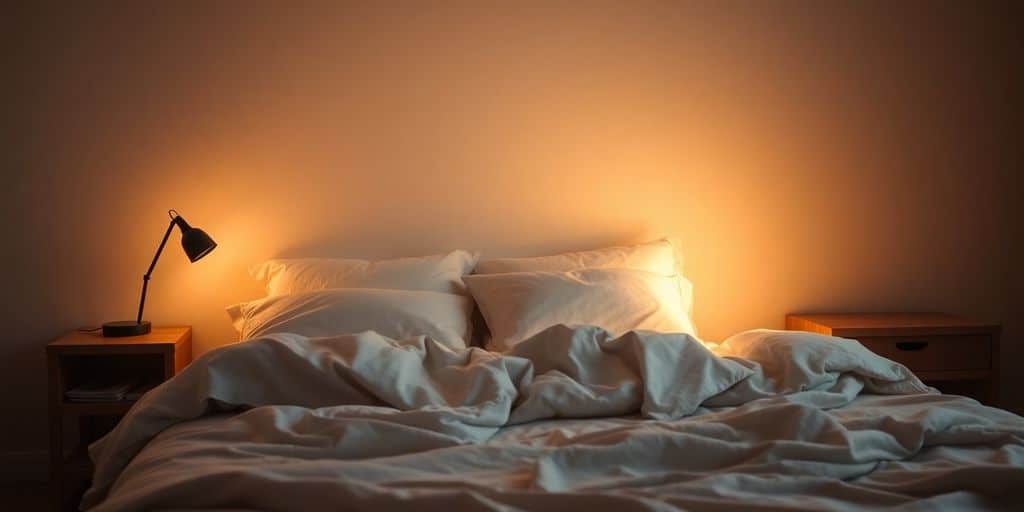 Cozy bedroom with soft pillows and warm lighting.
