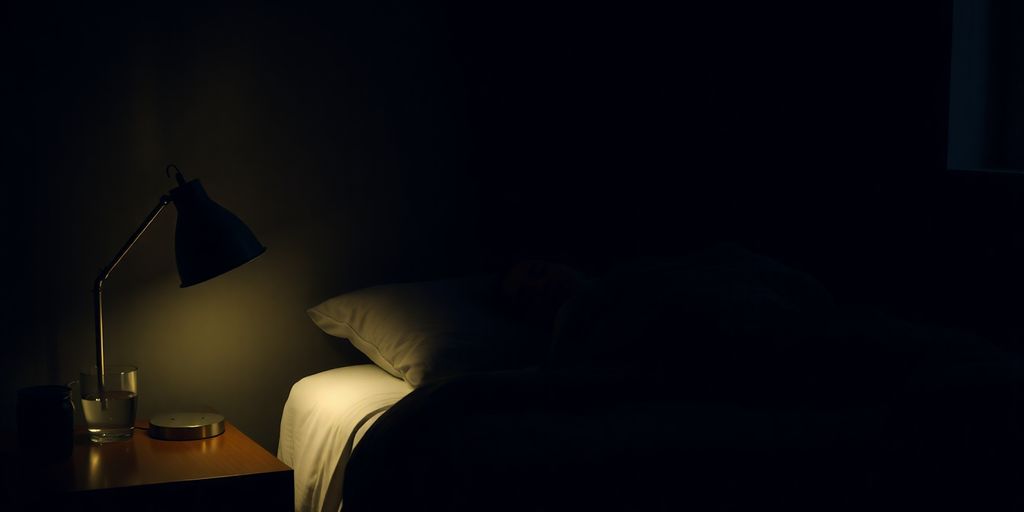 Peaceful bedroom, soft lighting, person sleeping soundly.