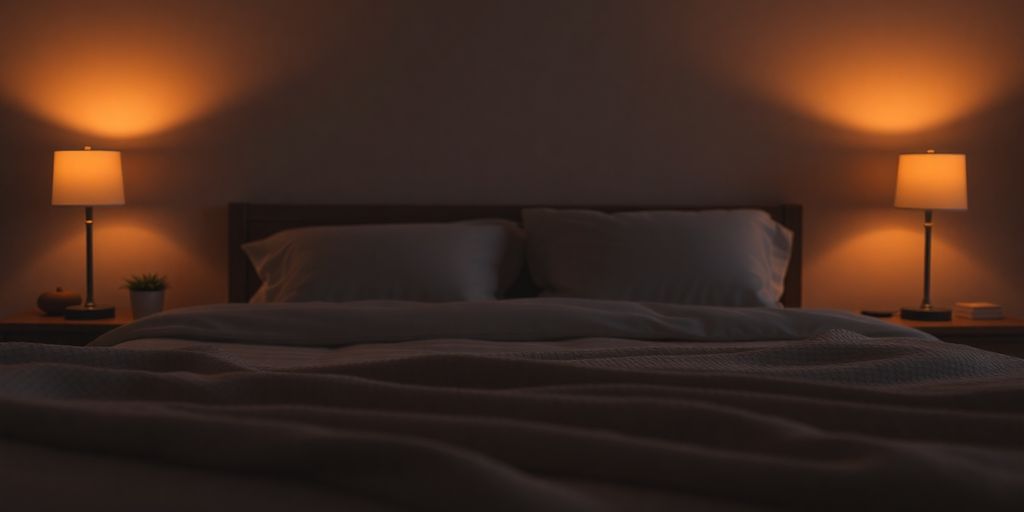 Peaceful bedroom at night, soft light.