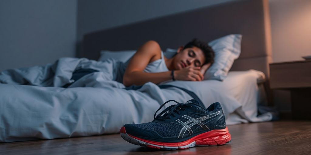 Person sleeping next to running shoes.