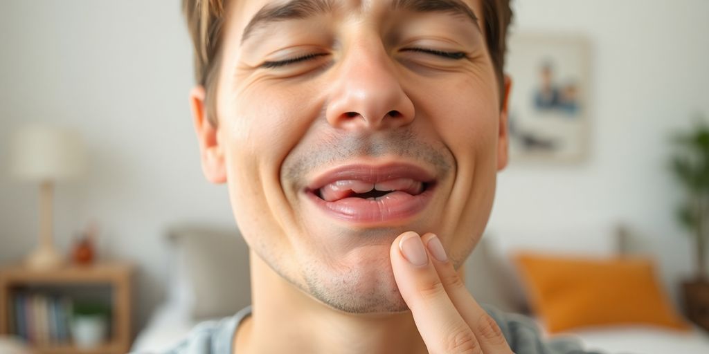 Person doing jaw exercises to prevent snoring.