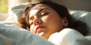 Person sleeping soundly in bed, serene expression.