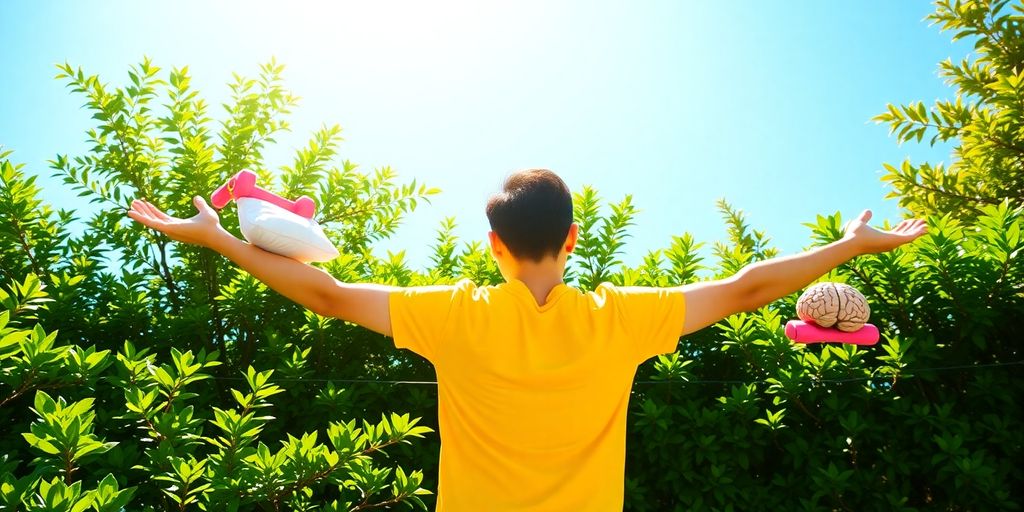 Person balancing sleep, diet, exercise, and mental health.
