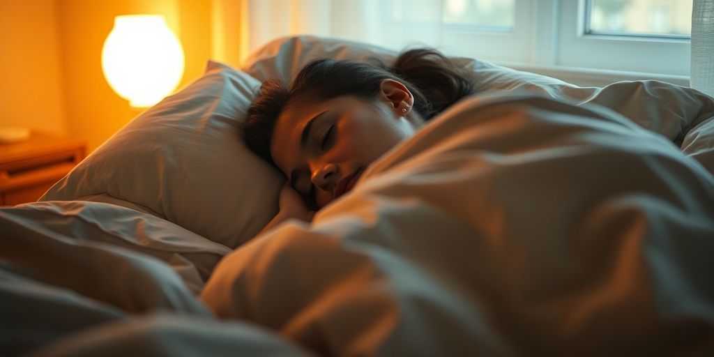 Person sleeping peacefully in bed, soft light.