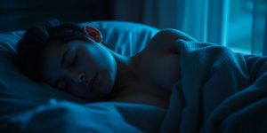 Person sleeping peacefully, soft blue light, deep breath.