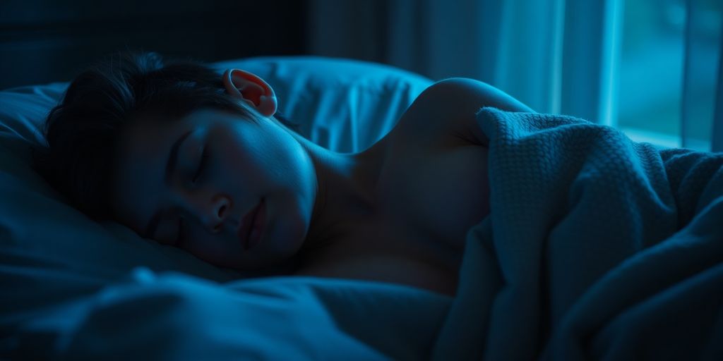 Person sleeping peacefully, soft blue light, deep breath.