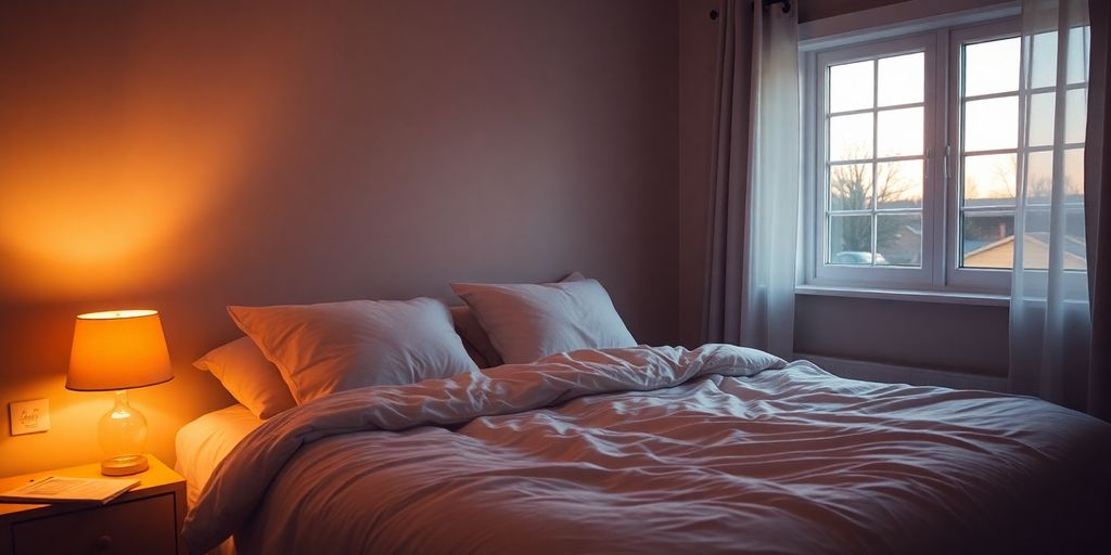 A serene bedroom at sunset.