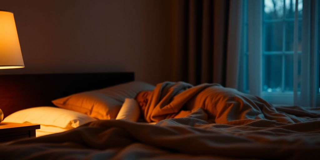 Peaceful bedroom, person sleeping soundly, soft lighting.