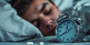 Sleepy person, melatonin pill, clock