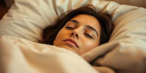 A person sleeps soundly in bed.