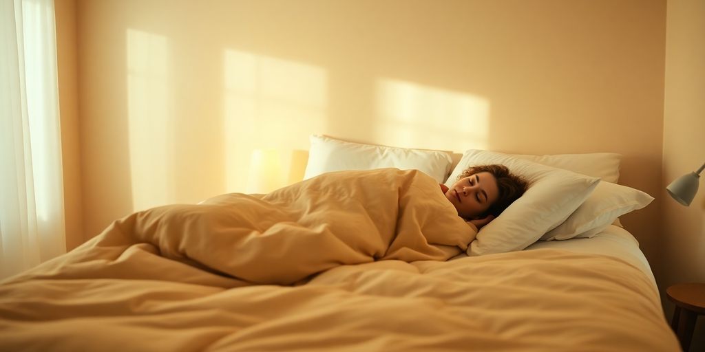 Peaceful bedroom, soft lighting, person sleeping soundly.