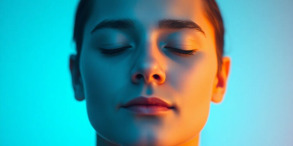 Person meditating, calming blue light, soft glow.