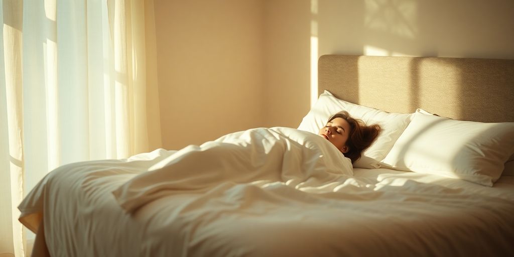 Peaceful bedroom, soft light, cozy bed, sleeping person.