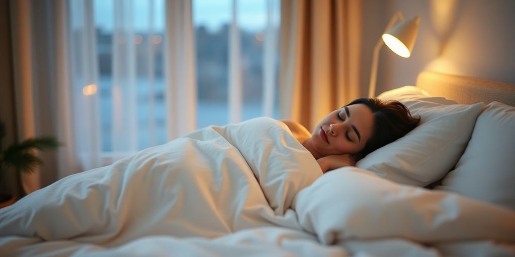 Peaceful bedroom, soft lighting, person sleeping soundly.