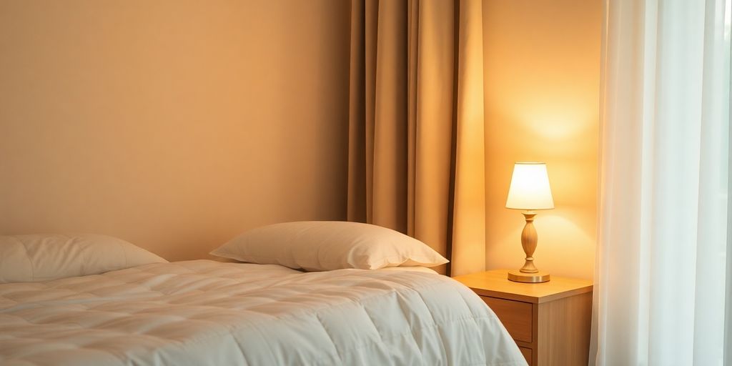 Peaceful bedroom scene with soft lighting