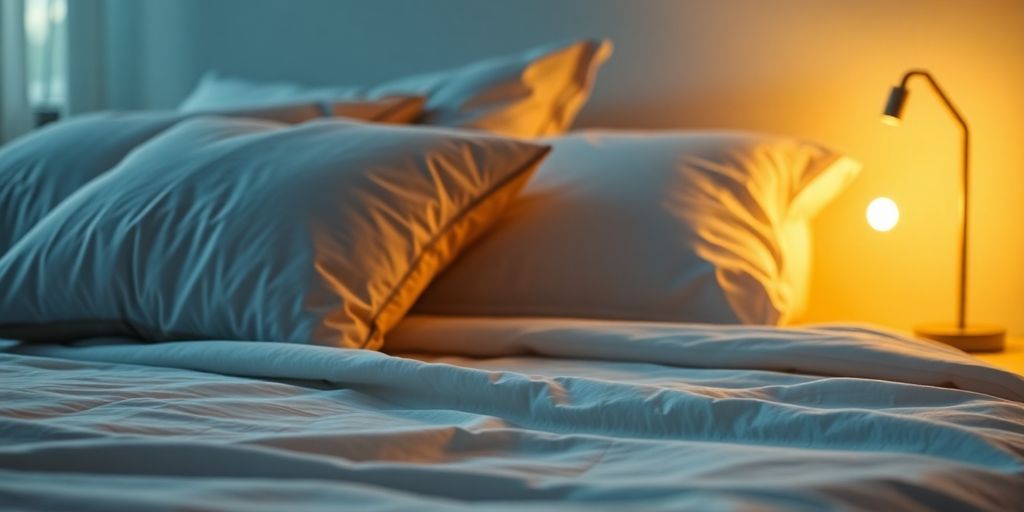 Peaceful bedroom with soft lighting and cozy bedding.