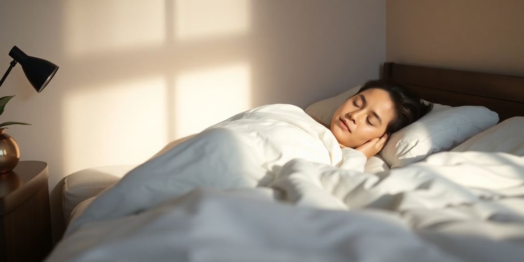Peaceful bedroom, soft lighting, person sleeping soundly.