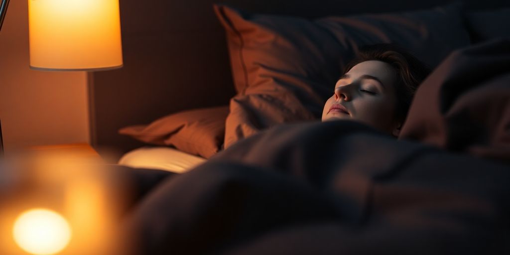 Peaceful bedroom, soft lighting, person sleeping soundly.