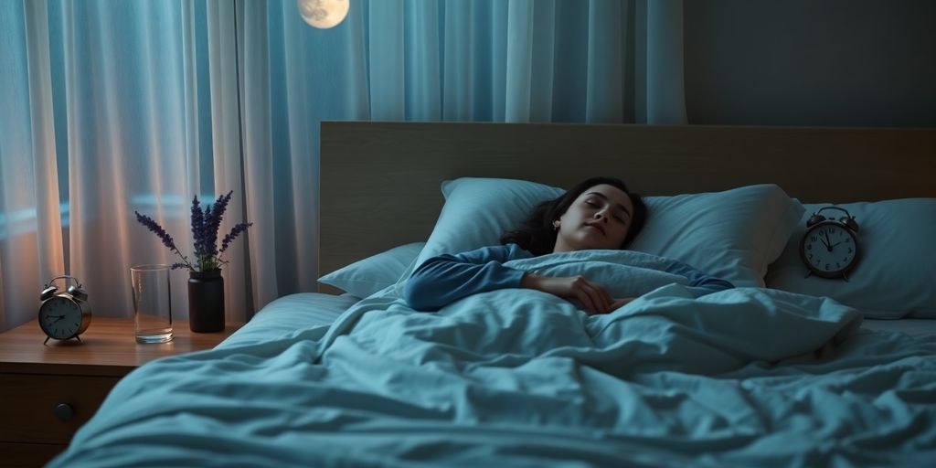 Person sleeping peacefully under weighted blanket in softly lit bedroom.