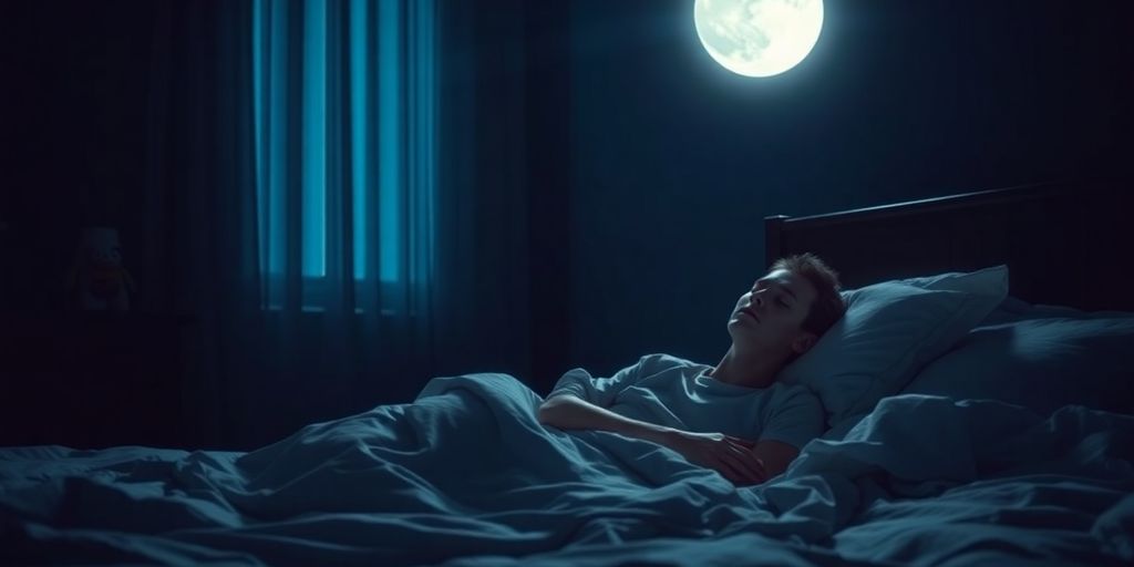 Person peacefully sleeping in a dark, comfortable bedroom.