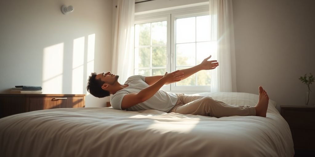 Person stretching in a sunlit bedroom.