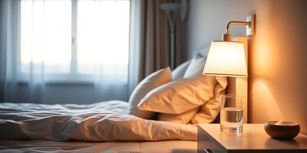 Relaxing bedroom, soft light.