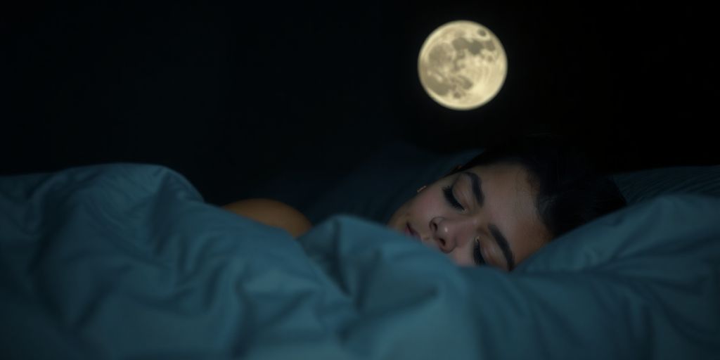 Person sleeping peacefully in a dimly lit bedroom.