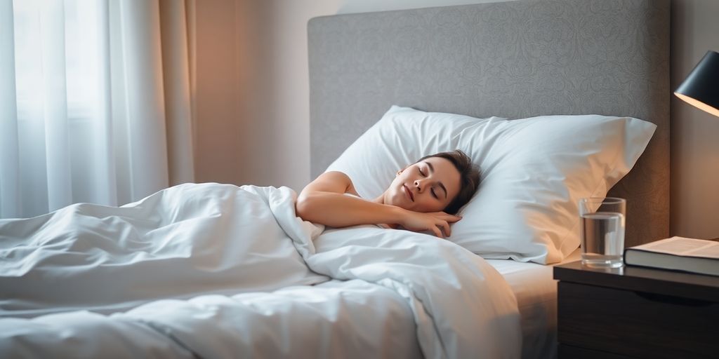 Person peacefully sleeping in a dimly lit bedroom.
