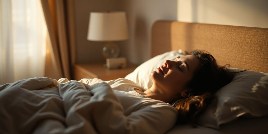 Person peacefully sleeping soundly in a dimly lit room.