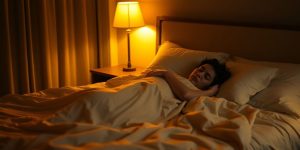 Peaceful bedroom, soft lighting, person sleeping soundly.