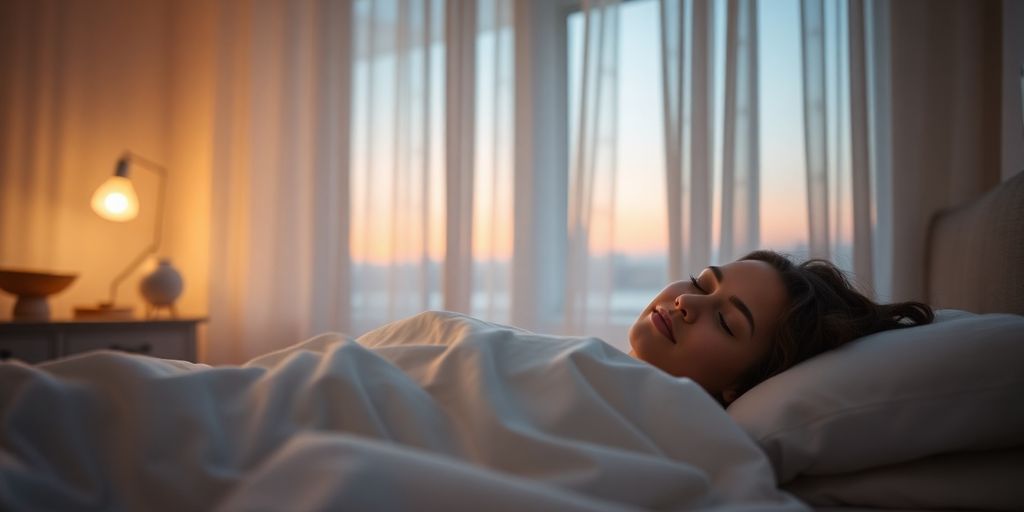 Peaceful bedroom, soft lighting, person sleeping soundly.