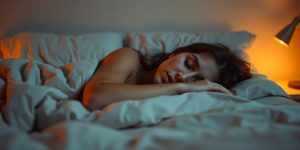 Person peacefully sleeping in a dark, comfortable bedroom.