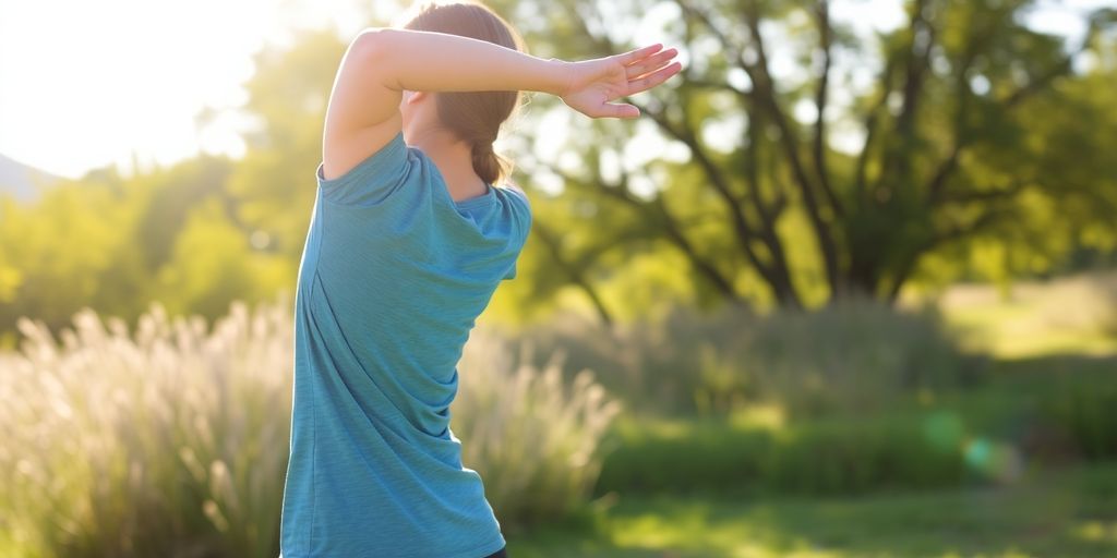 Woman stretching outdoors, sun shining.