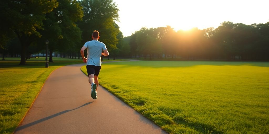 Person exercising outdoors at sunrise.