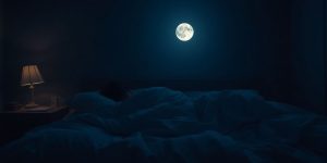 Person sleeping peacefully in a dark, comfortable bedroom.