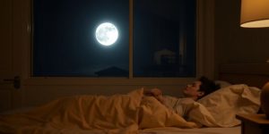 Person sleeping peacefully in a dark bedroom.
