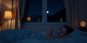 Person sleeping peacefully in a dark room.
