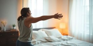 Person stretching gently in dim, warm bedroom light.