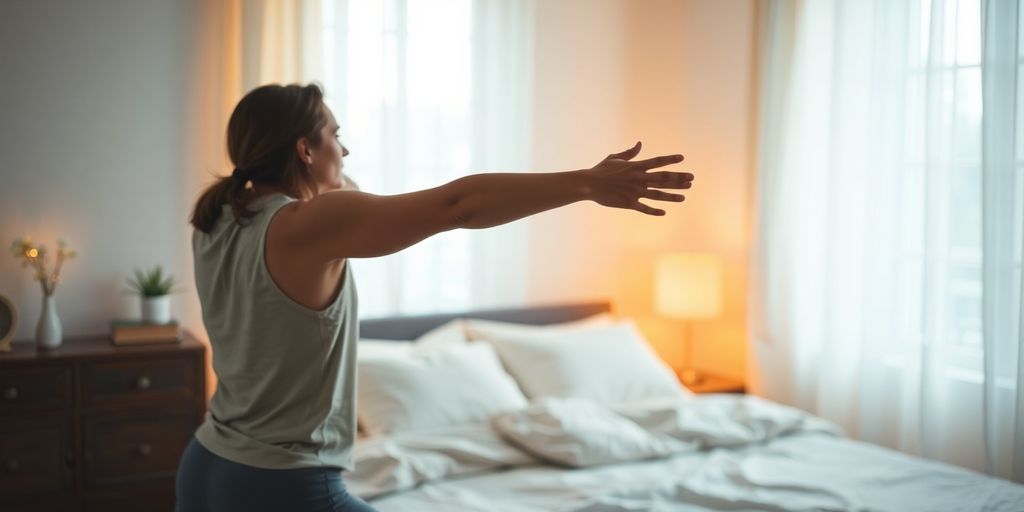 Person stretching gently in dim, warm bedroom light.