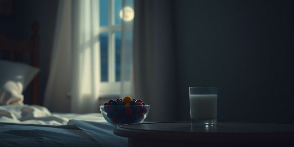 A cozy bedroom with moonlight and healthy snacks.